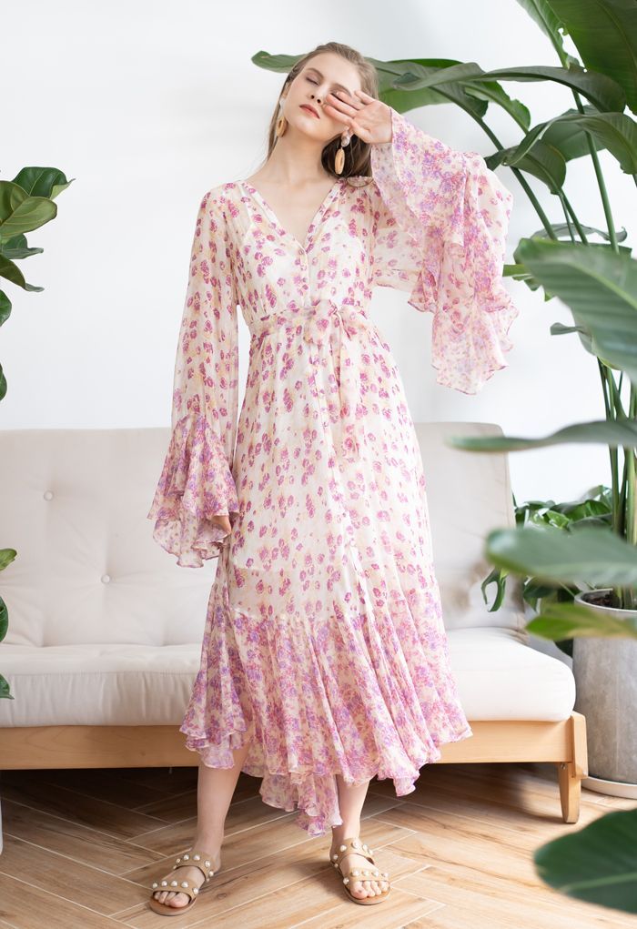 Ditsy Floral Kimono Sleeves Semi-Sheer Hi-Lo Dress | Chicwish