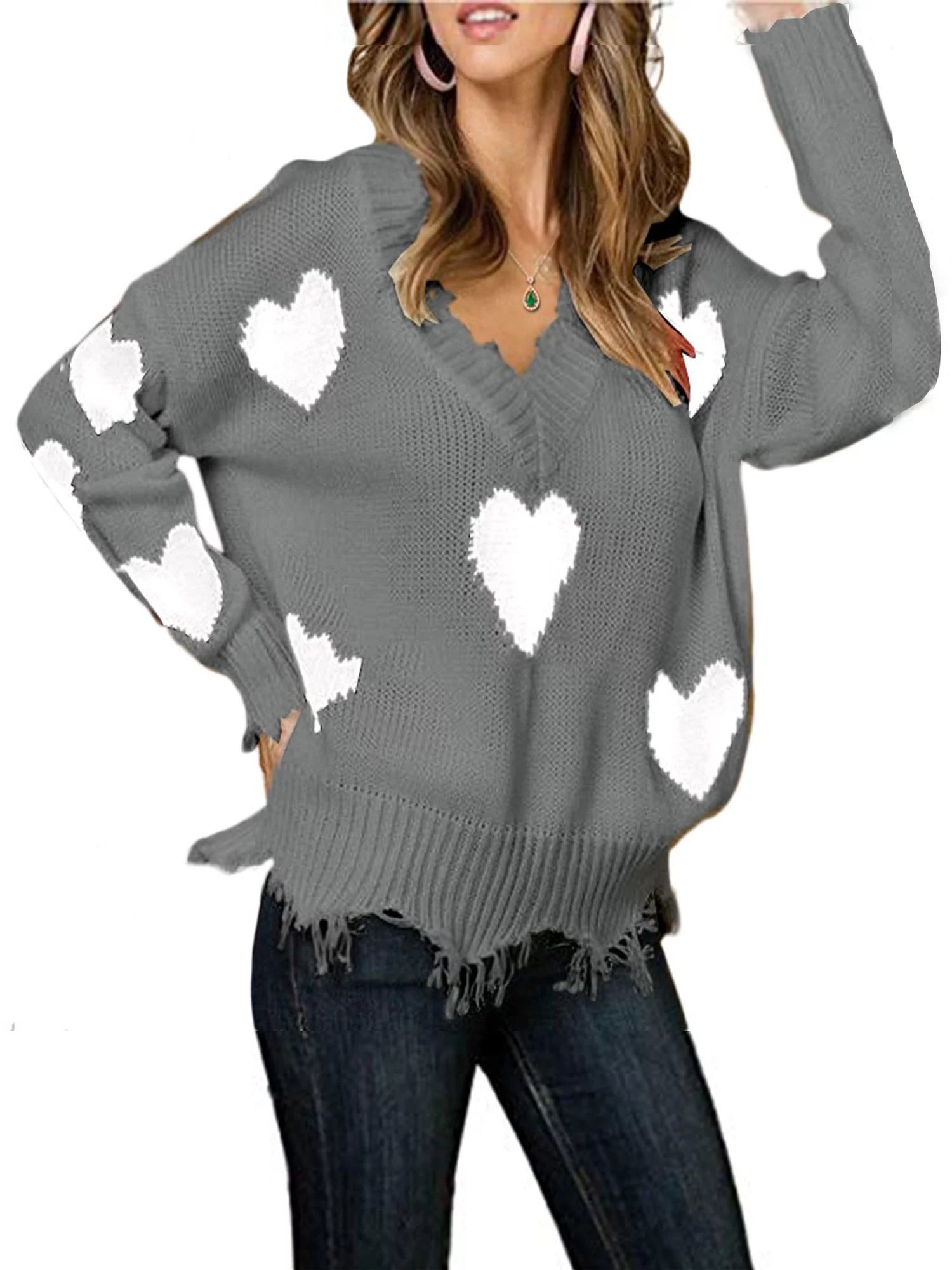 Womens Casual Heart Patcwork V Neck Knit Sweater Ladies Long Sleeve Ripped Hem Loose Pullover Jum... | Walmart (US)