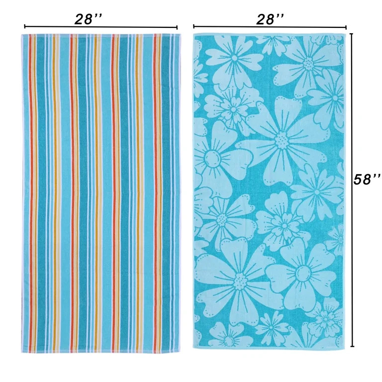 Mainstays 2pk Cotton Beach Towel, 58 x 28 in, Flowers & Stripes | Walmart (US)