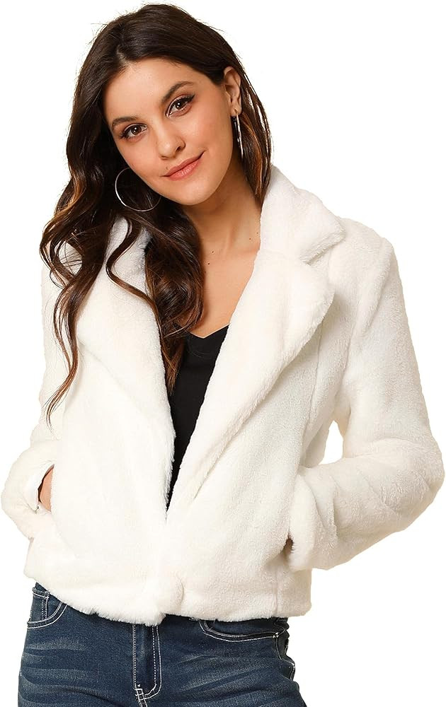 Allegra K Women's Autumn Winter Cropped Jacket Notch Lapel Faux Fur Fluffy Coat | Amazon (US)