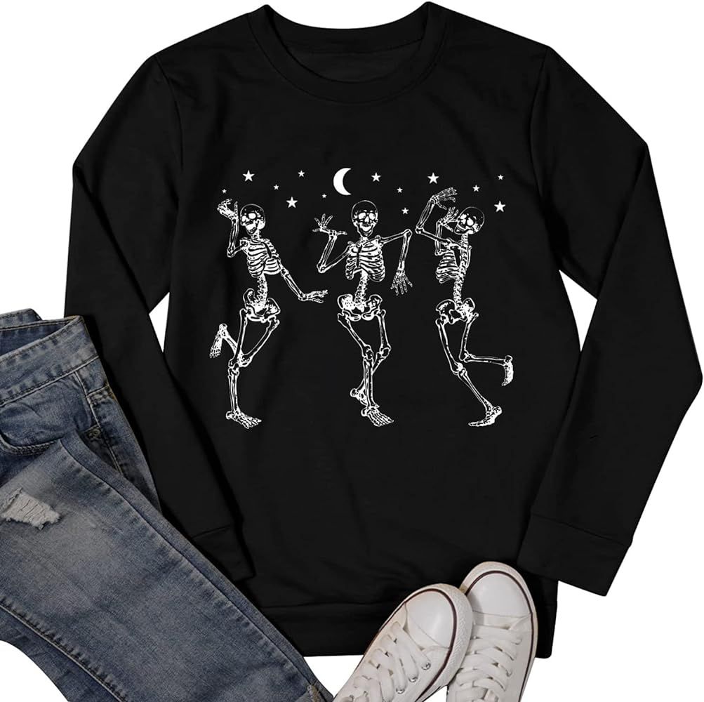 Dancing Skeleton Sweatshirt for Women Funny Skull Graphic Halloween T-Shirt Fall Winter Long Sleeve  | Amazon (US)