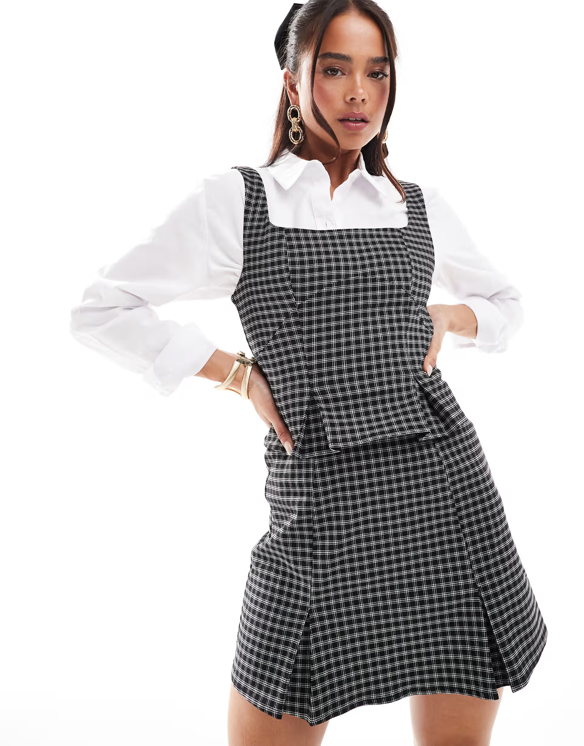 ASOS DESIGN square neck mini dress with pleat details in plaid | ASOS (Global)