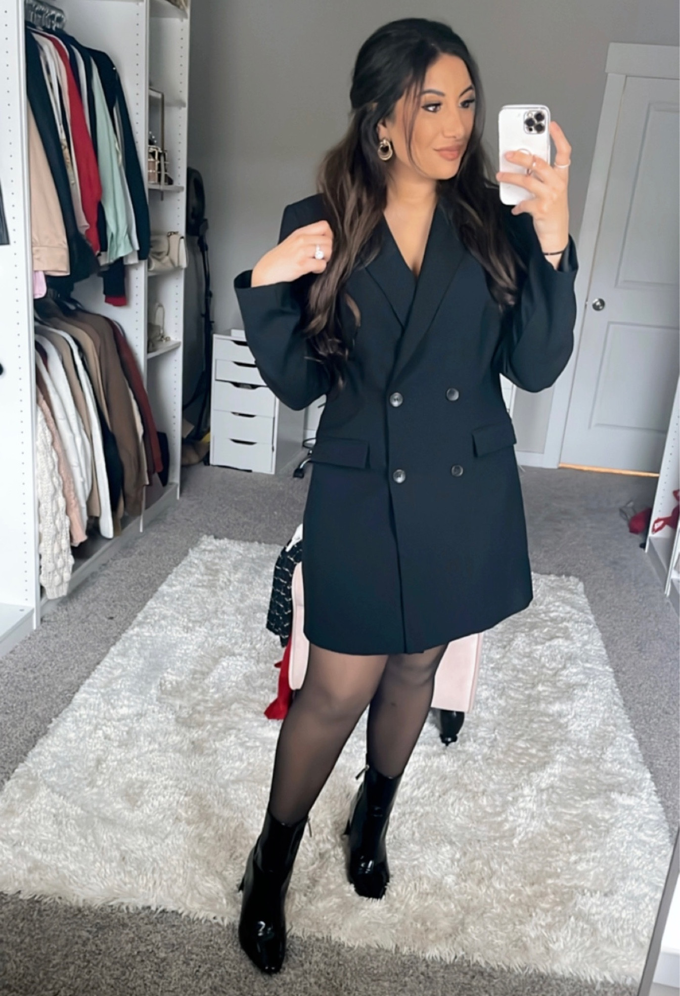Black double breasted blazer dress, double lined tights, & patent square toe ankle boots 🖤

#LTKstyletip #LTKFind #LTKGiftGuide