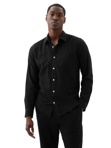 GAP Mens Linen Long Sleeve Shirt Standard Fit Black XS | Amazon (US)