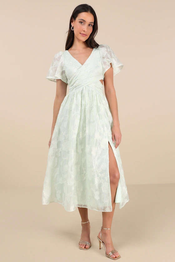 Hilly Light Mint Floral Jacquard Lace-Up Midi Dress | Lulus