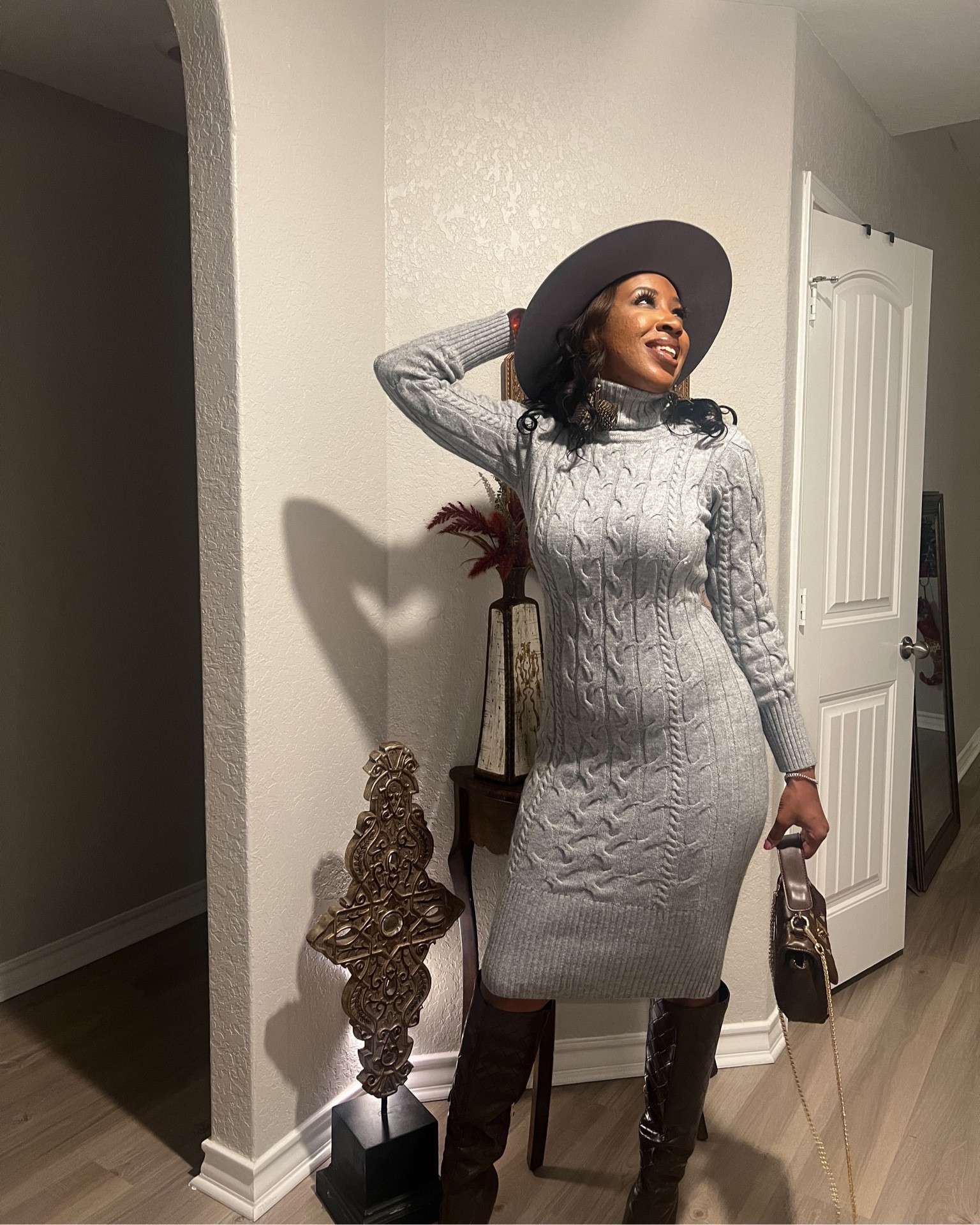 When it's sweater dress season, you gotta dress to impress! Loving the combo of this gray sweater dress, chocolate boots, and a bold baby blue distressed fedora. Fashion game strong! ☃️💋

#holidayoutfits #sweaterdress #boots

#LTKstyletip #LTKover40 #LTKworkwear