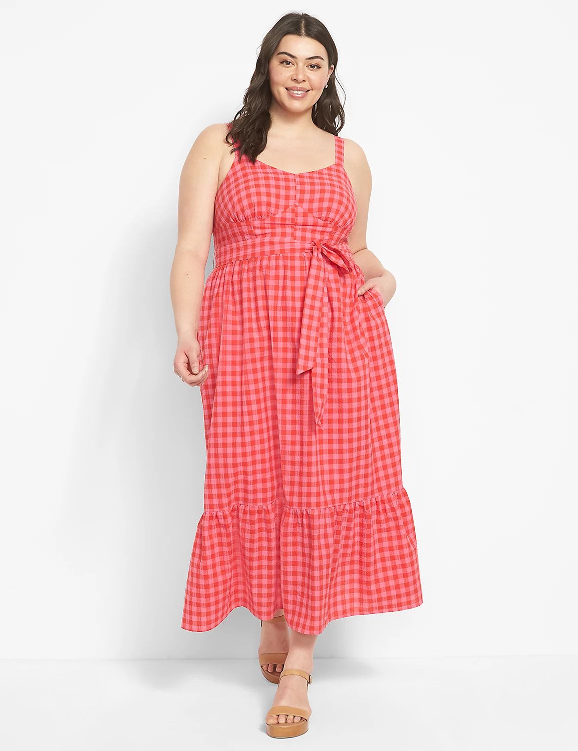 Sleeveless Flounce Hem Seersucker Gingham Midi Dress | LaneBryant | Lane Bryant (US)