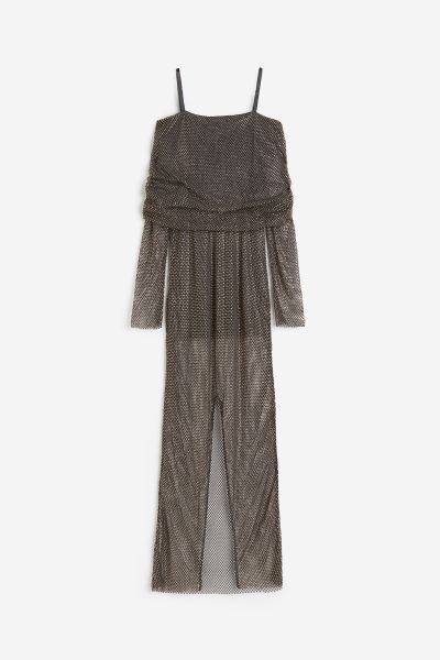 Rhinestone-embellished off-the-shoulder dress - Charcoal grey/Gold-coloured - Ladies | H&M GB | H&M (UK, MY, IN, SG, PH, TW, HK)