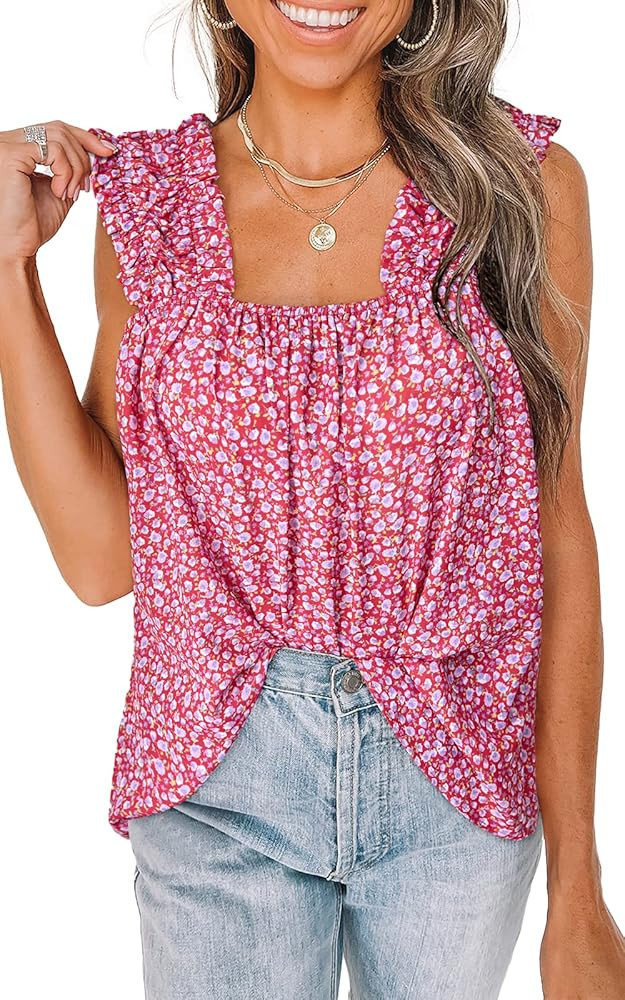 PRETTYGARDEN Boho Floral Tank Tops for Women, Shirred Straps Pleated Summer Casual Sleeveless Shi... | Amazon (US)
