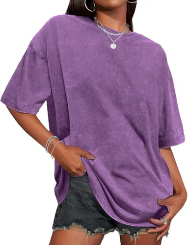 Oversized Tshirts for Women Short Sleeve Crew Neck Vintage Washed Basic Loose Casual Tees, Pure Purple, 2XL | Amazon (US)
