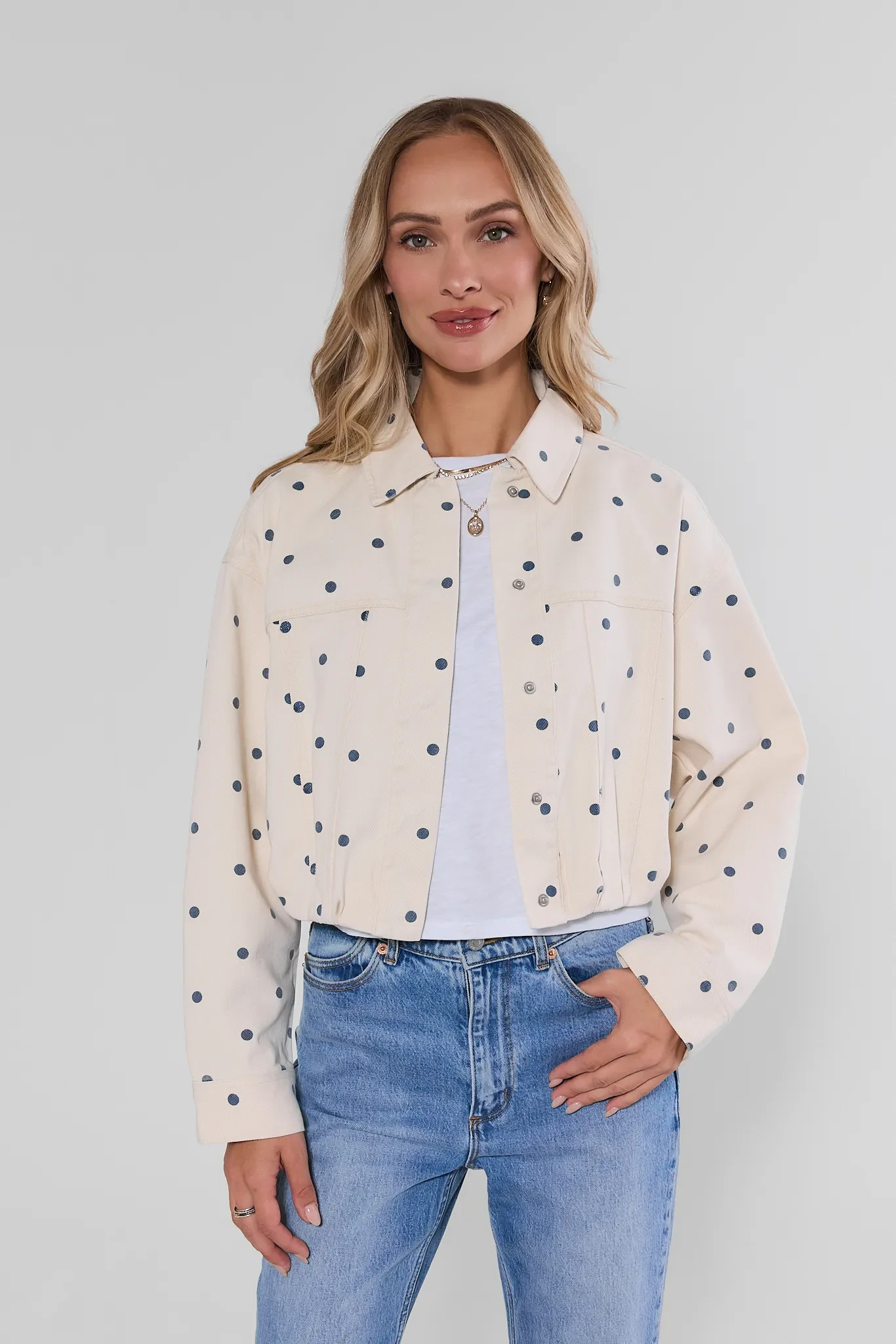 White Polka Dot Cropped Denim Jacket | Avara