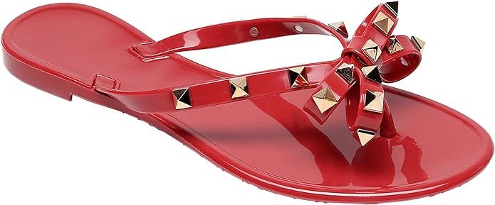 Womens Studded Sandals Flat Jelly Shoes Thong Flip Flops with Bow Stud Slip On Summer Beach Rivet... | Amazon (US)