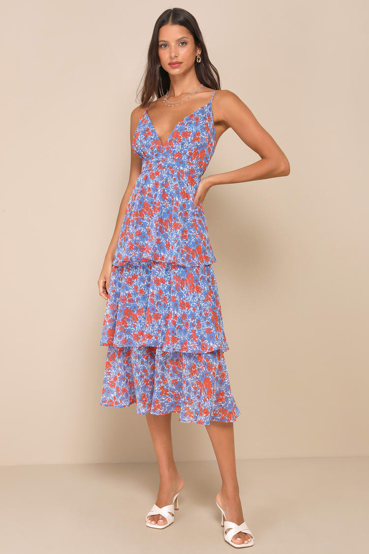 Adorable Obsession Blue Floral Print Lurex Tiered Midi Dress | Lulus