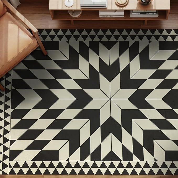 Vinyl Floor Mat 4'x6' - Black Geometric Pattern - Waterproof Non-Slip Kitchen Rug - Hard Floor Sa... | Amazon (US)