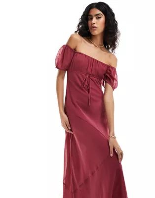 ASOS DESIGN textured chiffon bardot milkmaid bust midi dress with seam detail in berry pink | ASOS (Global)