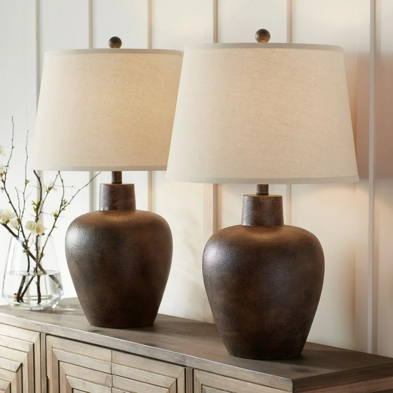 Regency Hill Glenn Rustic Farmhouse Table Lamps 27" Tall Set of 2 Dark Terra Cotta Tapered Fabric... | Walmart (US)