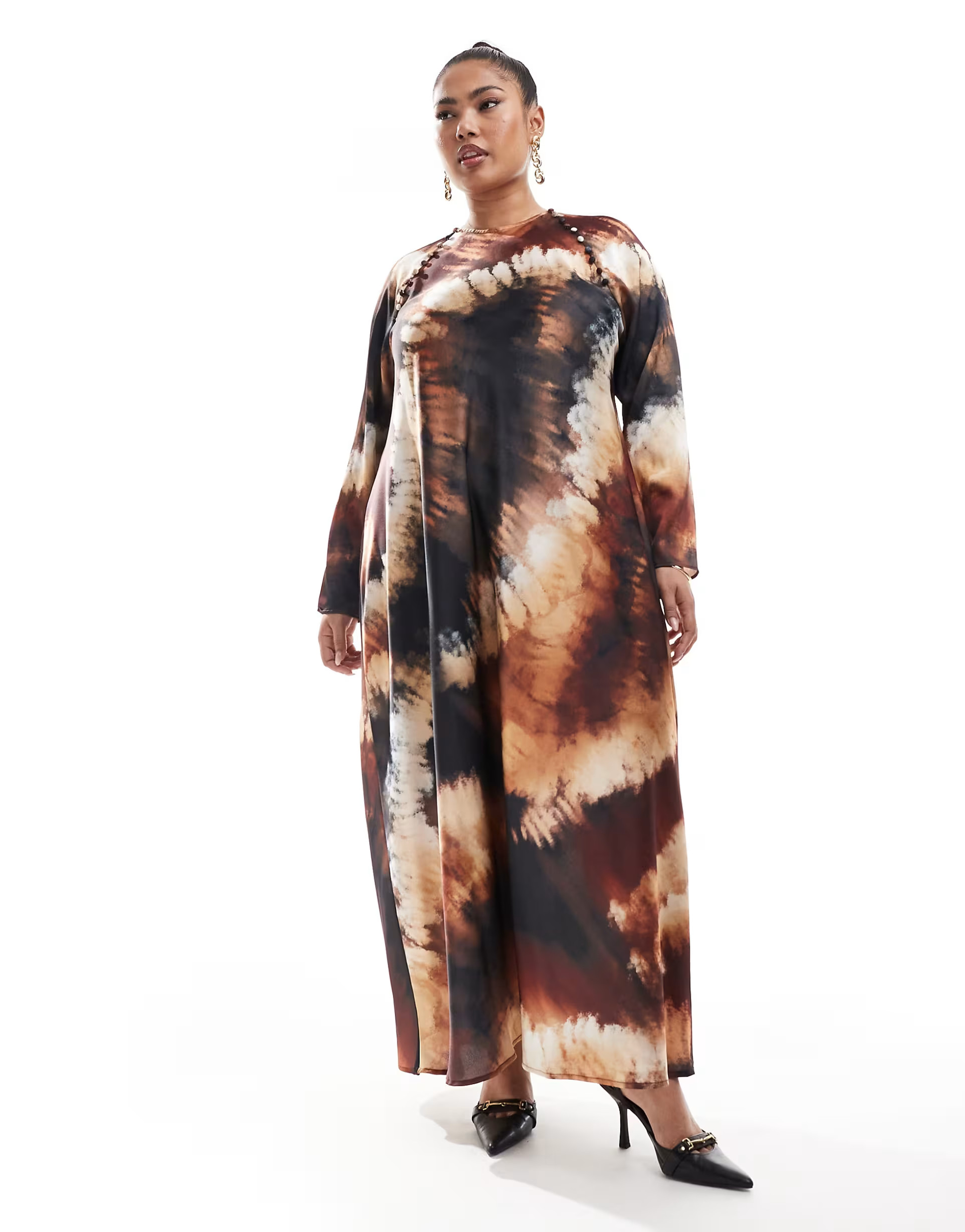 ASOS DESIGN Curve satin biased maxi dress in button detail in blurred floral print | ASOS (Global)