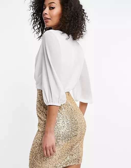 Jaded Rose Tall wrap blouse 2-in-1 sequin skirt dress in white and gold | ASOS (Global)