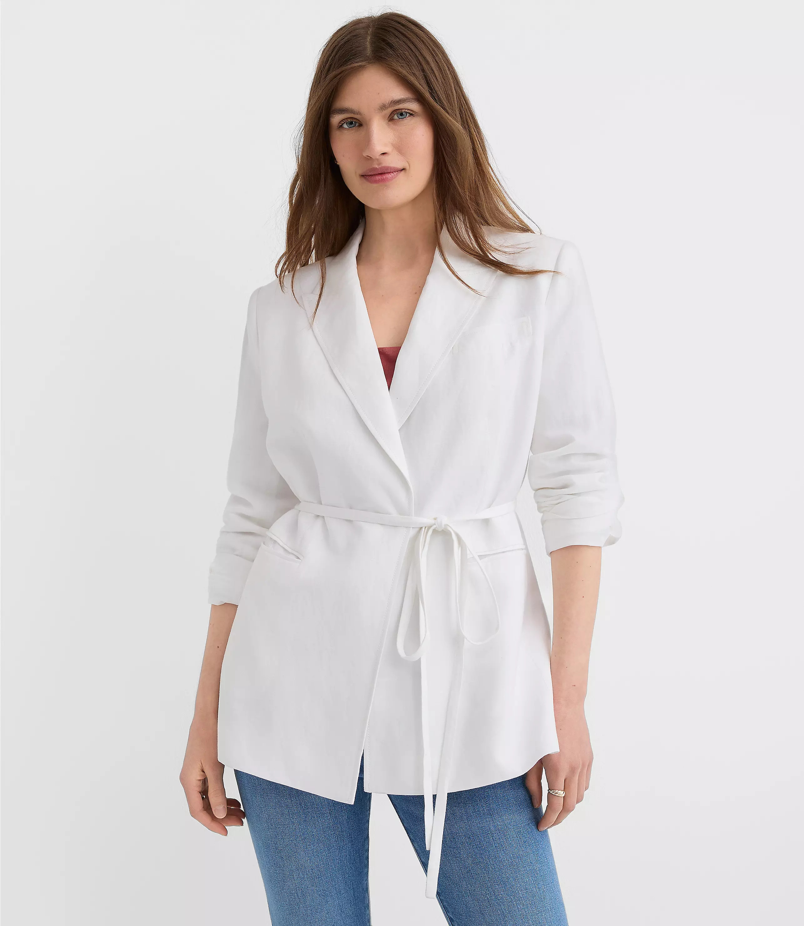 Linen Blend Tie Waist Modern Blazer | LOFT
