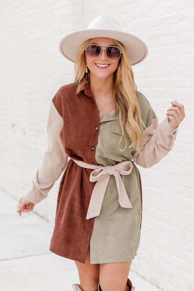 Your New Favorite Brown Colorblock Corded Long Sleeve Belted Dress | Pink Lily