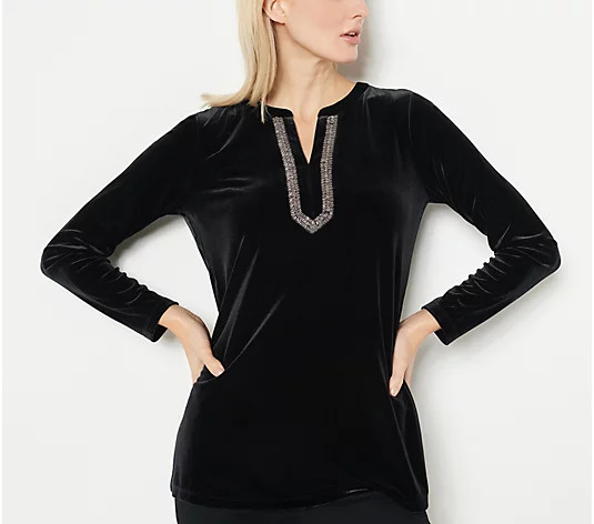 Susan Graver Artisan Petite Velvet Knit Split Neck Tunic | QVC