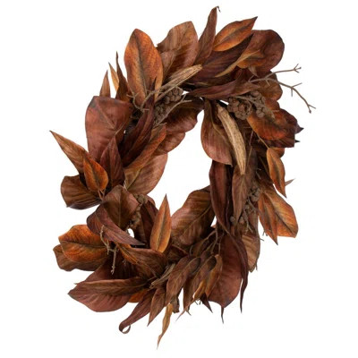 24" Brown Magnolia Leaf Wreath. It measures 24 by 12 inches. | Wayfair North America