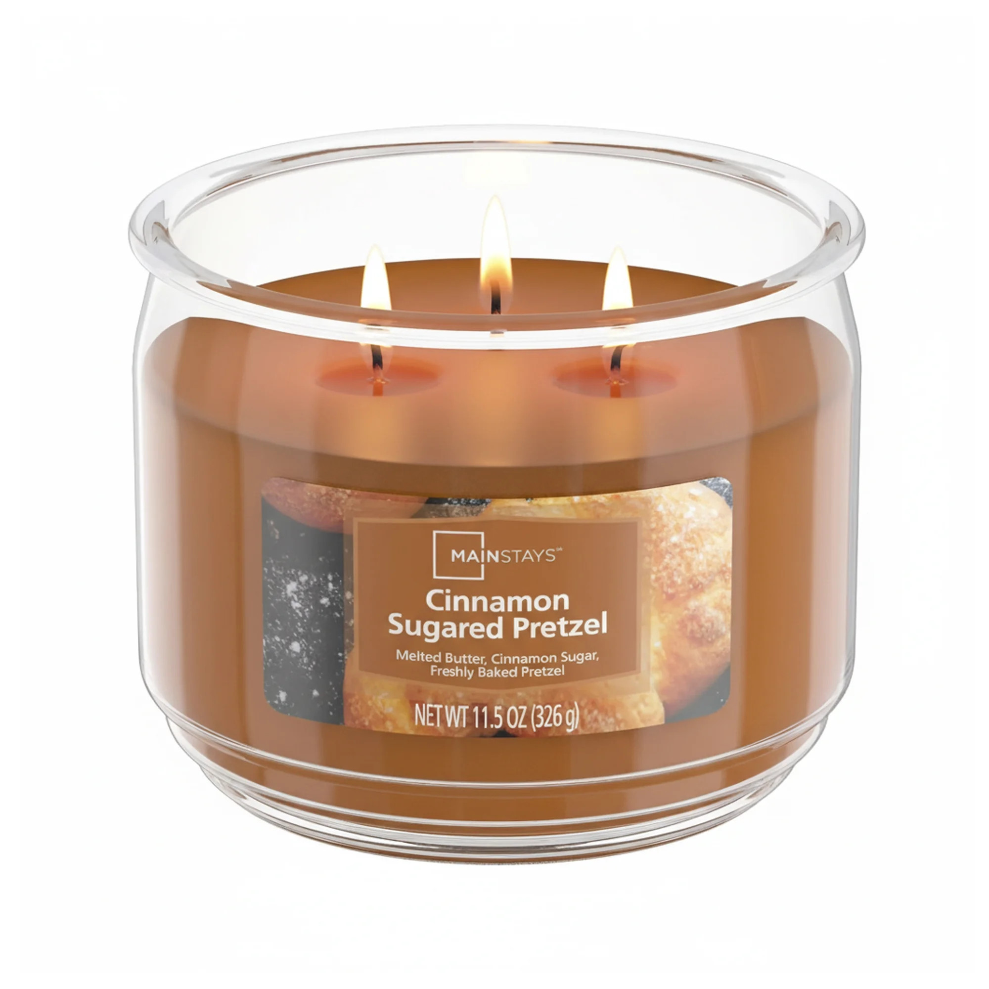 Mainstays 3-Wick Scented Glass Jar Candle, Cinnamon Sugared Pretzel Gourmand, 11.5oz. - Walmart.c... | Walmart (US)