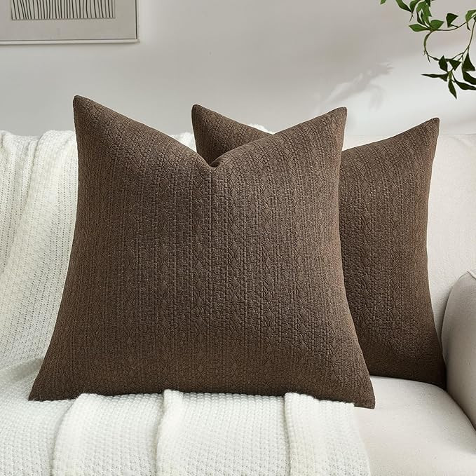 FUTEI Dark Coffee Chenille Throw Pillow Covers 20x20 Inch Set of 2,Luxuriously Soft Argyle Textur... | Amazon (US)