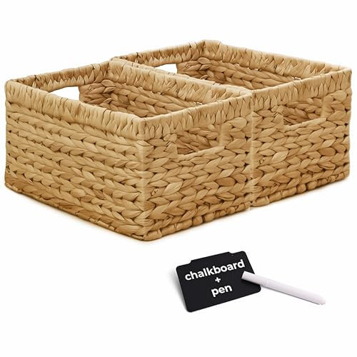 KOKODO Wicker Storage Basket Set of 2, Handwoven Water Hyacinth Rattan Baskets with Handles and Chalkboard Labels, Woven Baskets for Storage, Shelves, Closet & Home Organizing | Amazon (US)