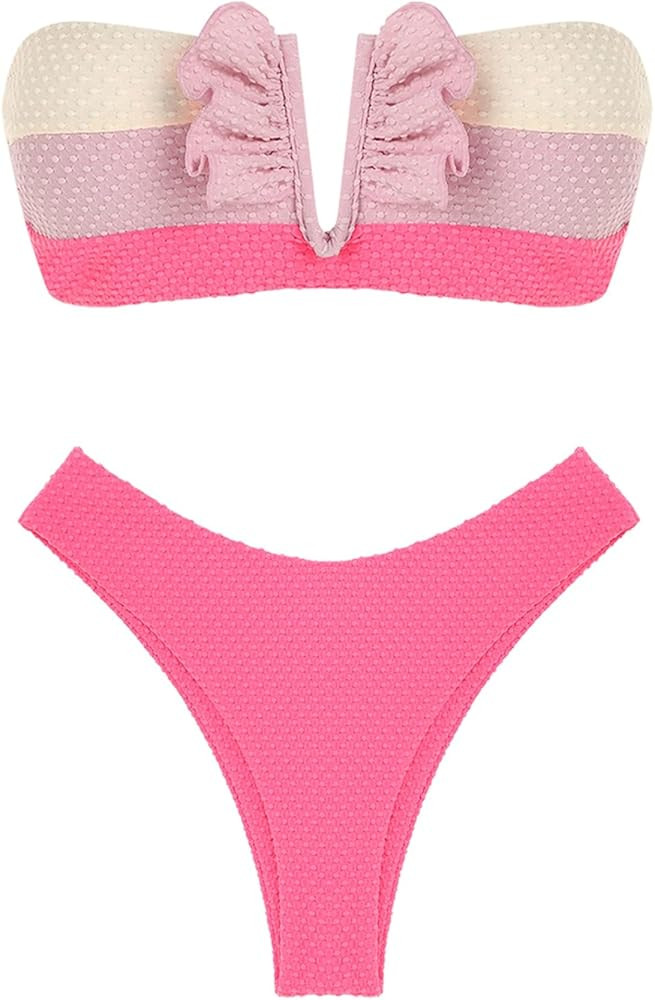 ZAFUL Women V-Wired Ruffle Ribbed Bandeau Bikini, Lace Up Bikinis Strapless Two Pieces Swimsuit | Amazon (US)