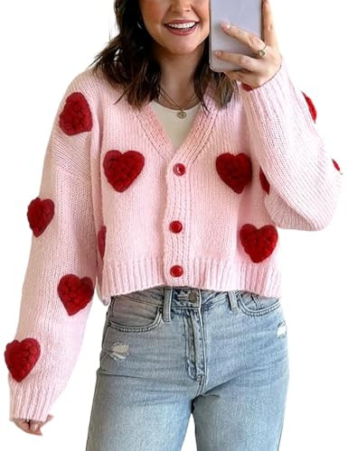 VDWIP Womens Valentine's Day Cardigan Sweaters 3D Heart Cropped Cardigan Button Down Knitted Kawaii Sweater Tops(Pink-L) | Amazon (US)