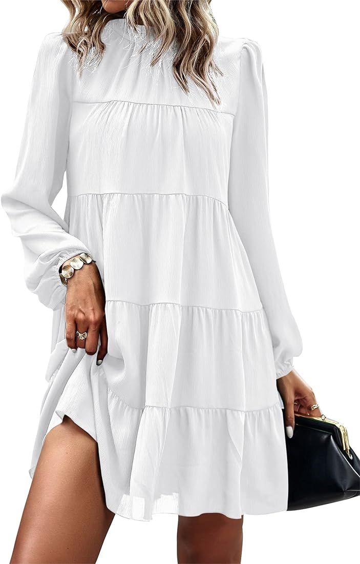 KIRUNDO Women's Long Sleeve Ruffle Mock Neck Tiered Mini Babydoll Dress Casual Swing Tunic Shift ... | Amazon (US)