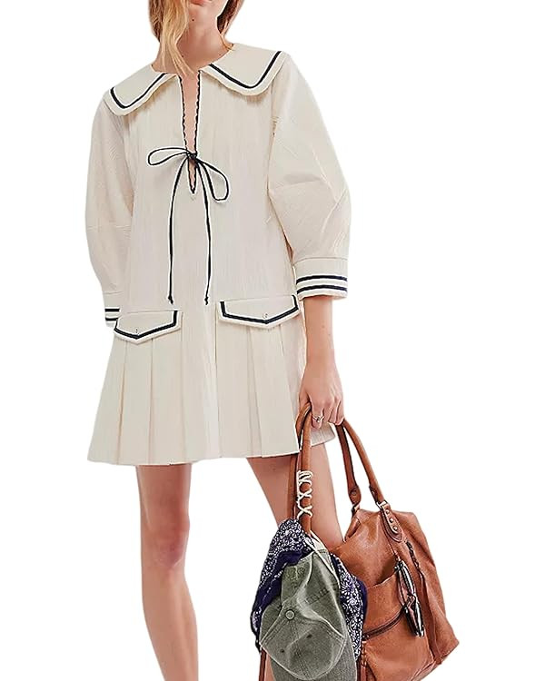 Women's 3/4 Sleeve Collar V Neck Mini Dress Pleated A Line Swing Short Dress Summer Loose Pleated... | Amazon (US)