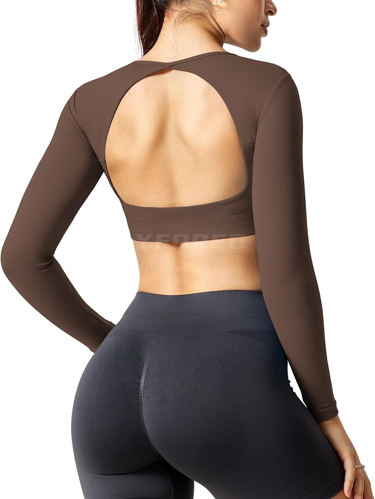 YEOREO Ultimate Workout Crop Tops for Women Long Sleeve Open Back Shirts Padded Bra Backless Yoga... | Amazon (US)