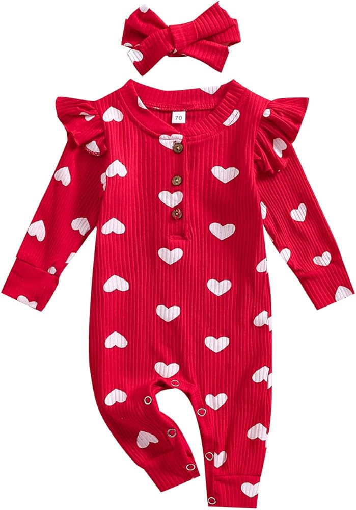 My First Valentine's Day Baby Girl Romper Newborn Long Sleeve Heart Print Knitted Button Down Jum... | Amazon (US)