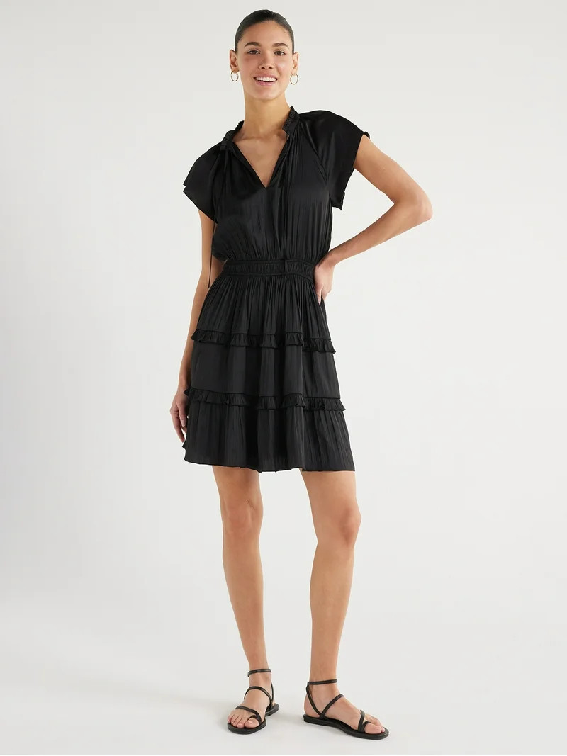 Scoop Women's Satin Mini Ruffle Dress with Cap Sleeves, Sizes XS-4X | Walmart (US)