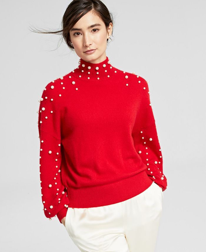 Charter Club Cashmere Imitation-Pearl Embellished Mock-Neck Sweater, Created for Macy's & Reviews... | Macys (US)