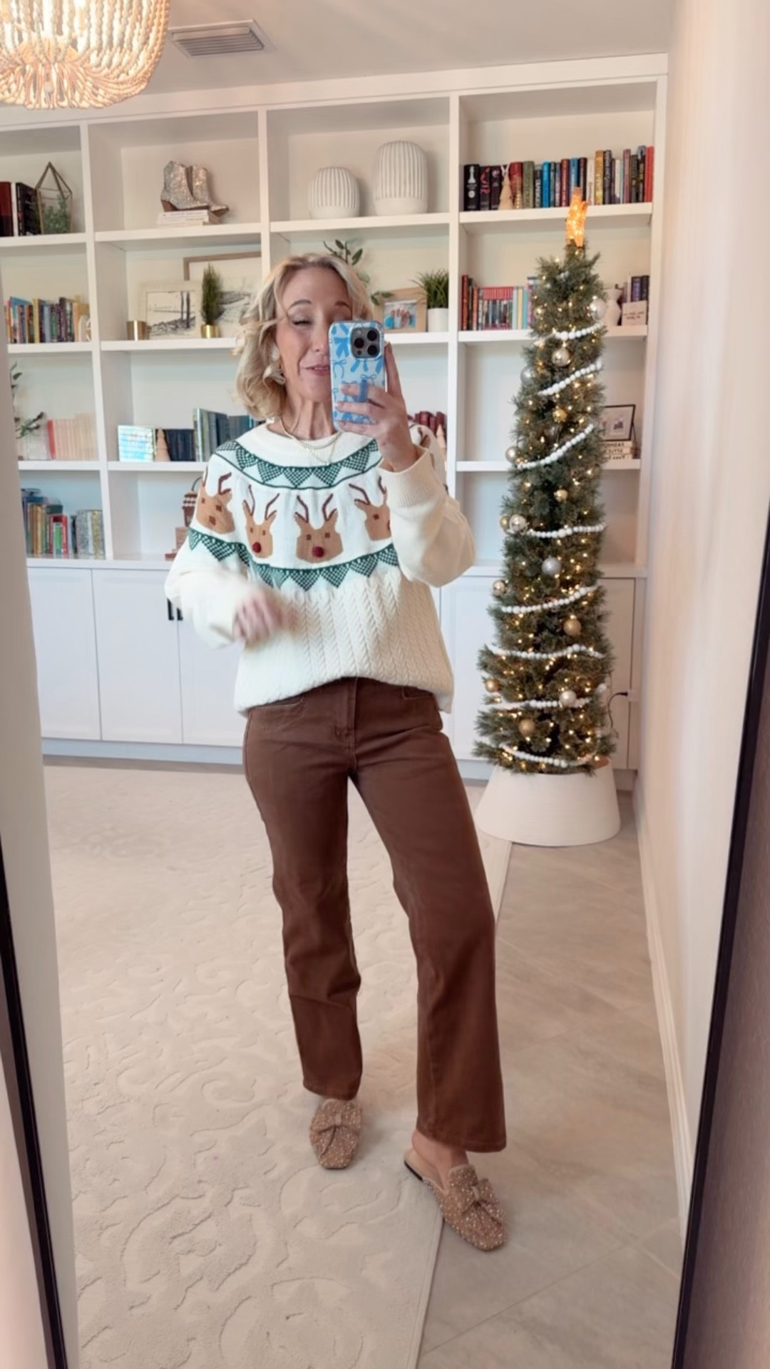 Reindeer Fair Isle Sweater - size small. * Brown Jeans - size 4. 

#LTKOver40#LTKHoliday#LTKFindsUnder50 

 