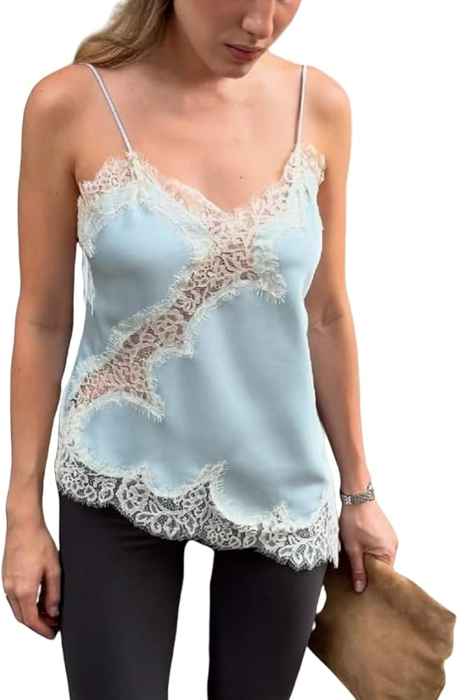 Women Lace Trim Satin Tank Top V Neck Silk Camisole Tops Asymmetrical Backless Spaghetti Strap Ta... | Amazon (US)