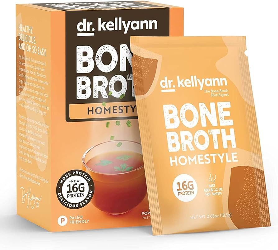 Dr. Kellyann Bone Broth Packets, Homestyle Chicken Flavor (7 Servings), Chicken Broth with 100% Grass-fed Hydrolyzed Collagen Peptides Powder, 16g Protein, Keto and Paleo Diet Friendly | Amazon (US)