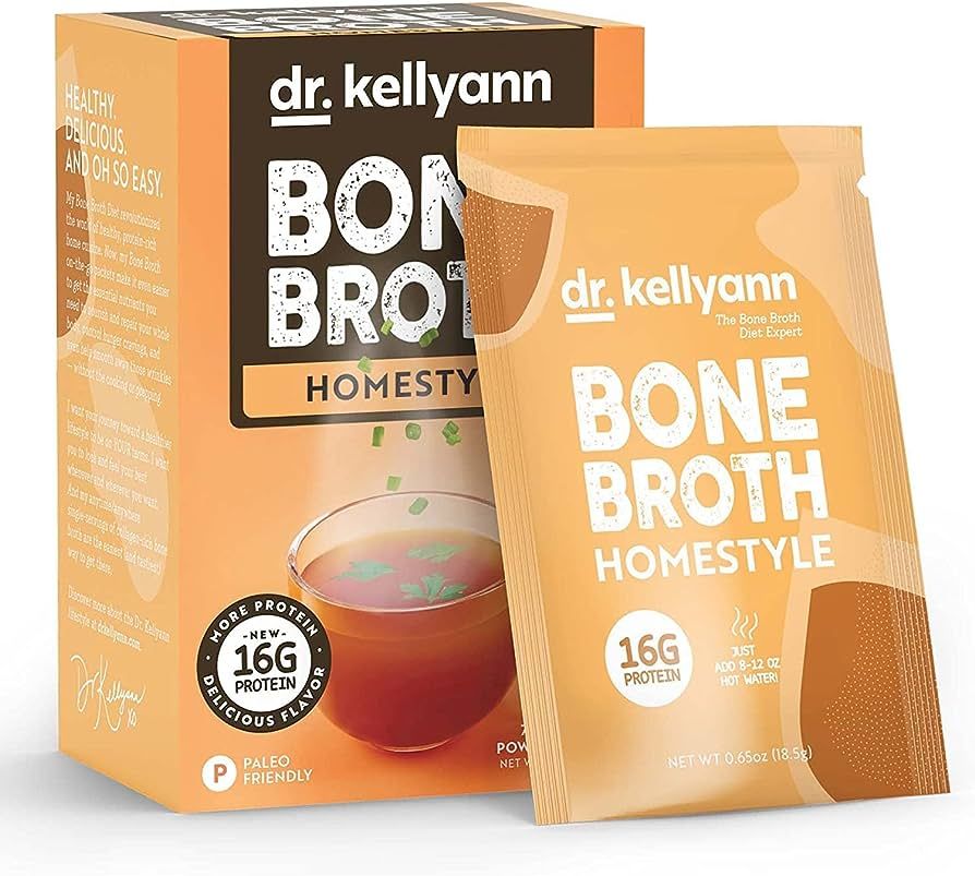 Dr. Kellyann Bone Broth Packets, Homestyle Chicken Flavor (7 Servings), Chicken Broth with 100% Grass-fed Hydrolyzed Collagen Peptides Powder, 16g Protein, Keto and Paleo Diet Friendly | Amazon (US)