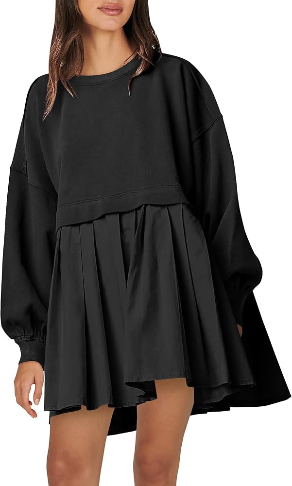 Caracilia Women Oversized Sweatshirt Dress Long Sleeve Crewneck Pullover Casual Loose Patchwork F... | Amazon (US)