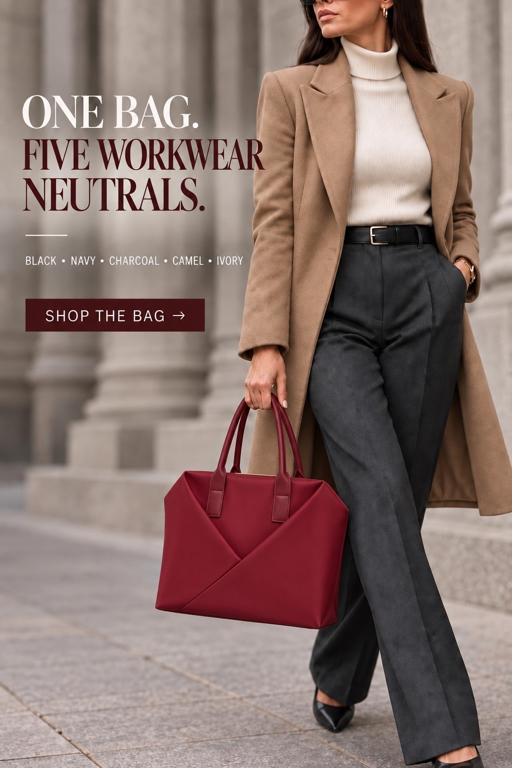 THE COLOR THAT WORKS LIKE BLACK—without looking like everyone else.

This burgundy work tote fits a 15-inch laptop, includes a padded sleeve and luggage sleeve, and works with black, navy, charcoal, camel and ivory.

Shop the exact Lux & Nyx Origami Tote below.