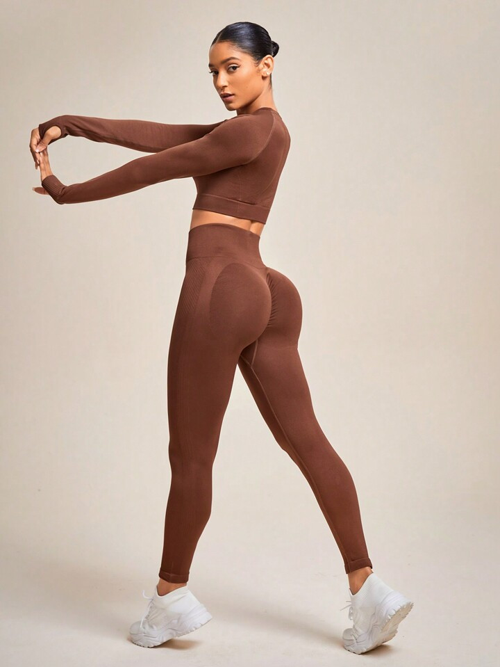 SHEIN Yoga Basic Seamless High Stretch Thumb Holes Sports Tee & Leggings workout set | SHEIN