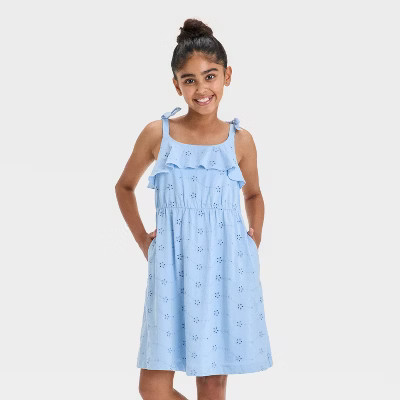 Girls' Sleeveless Knit Eyelet Dress - Cat & Jack™ Light Blue M | Target