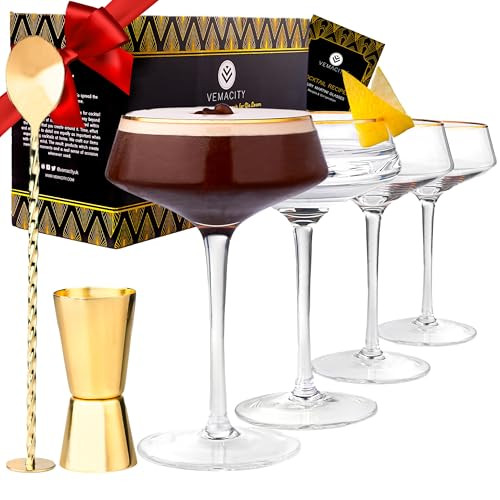 VEMACITY Martini Glasses Set of 4 with Gold Rims | Vintage Glassware with Gold Bar Spoon & Double-Sided Jigger | Champagne Coupe Cocktail Glasses | Cocktail Recipe e-Book (PDF) | Large Martini Glass | Amazon (US)