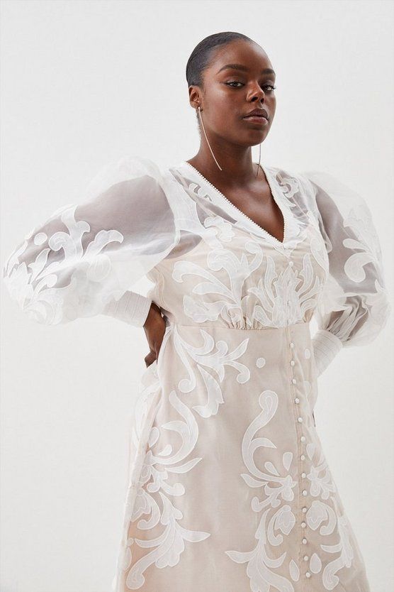 Plus Size Applique Organdie Buttoned Woven Maxi Dress | Karen Millen UK + IE + DE + NL
