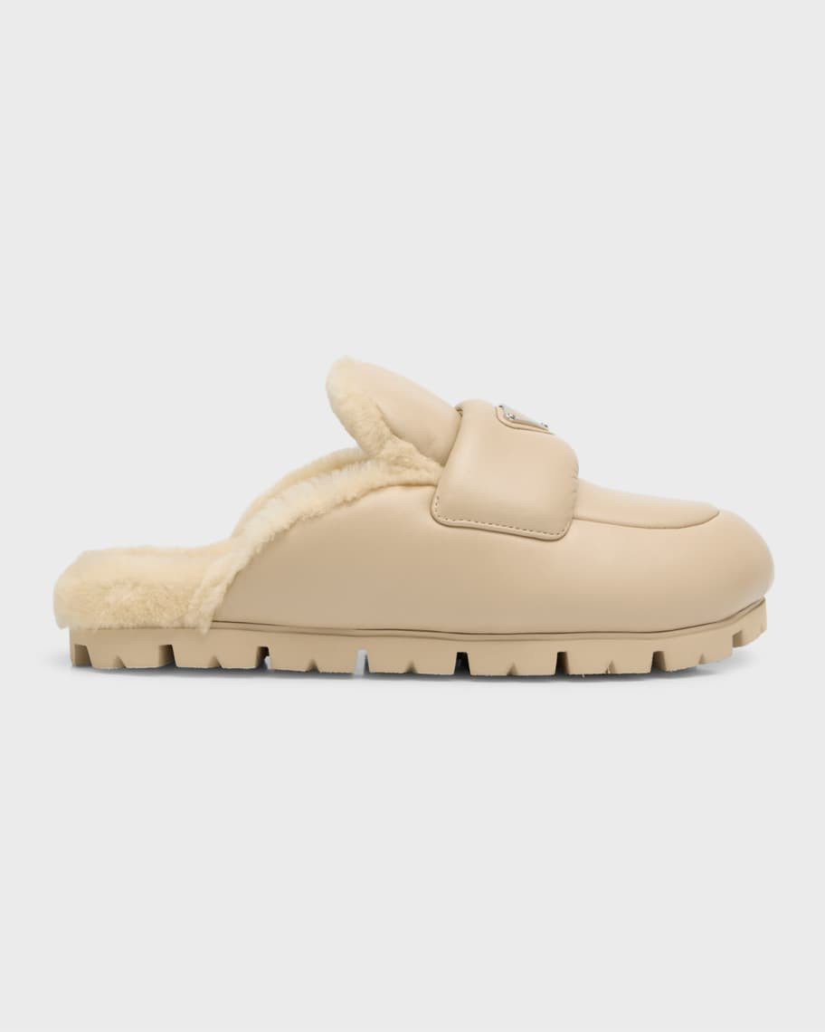 Prada Nappa Leather Shearling Logo Mules | Neiman Marcus