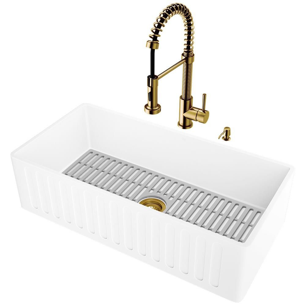 VIGO Matte Stone White Composite 36 in. Single Bowl Slotted Farmhouse Kitchen Sink with Accessories  | The Home Depot