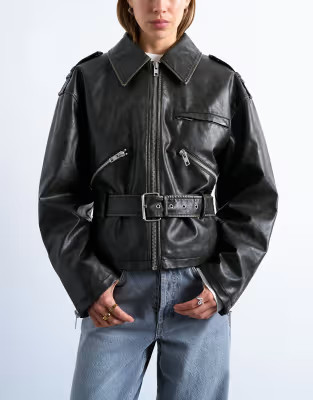 Faux leather low belted biker jacket in washed black | Topshop